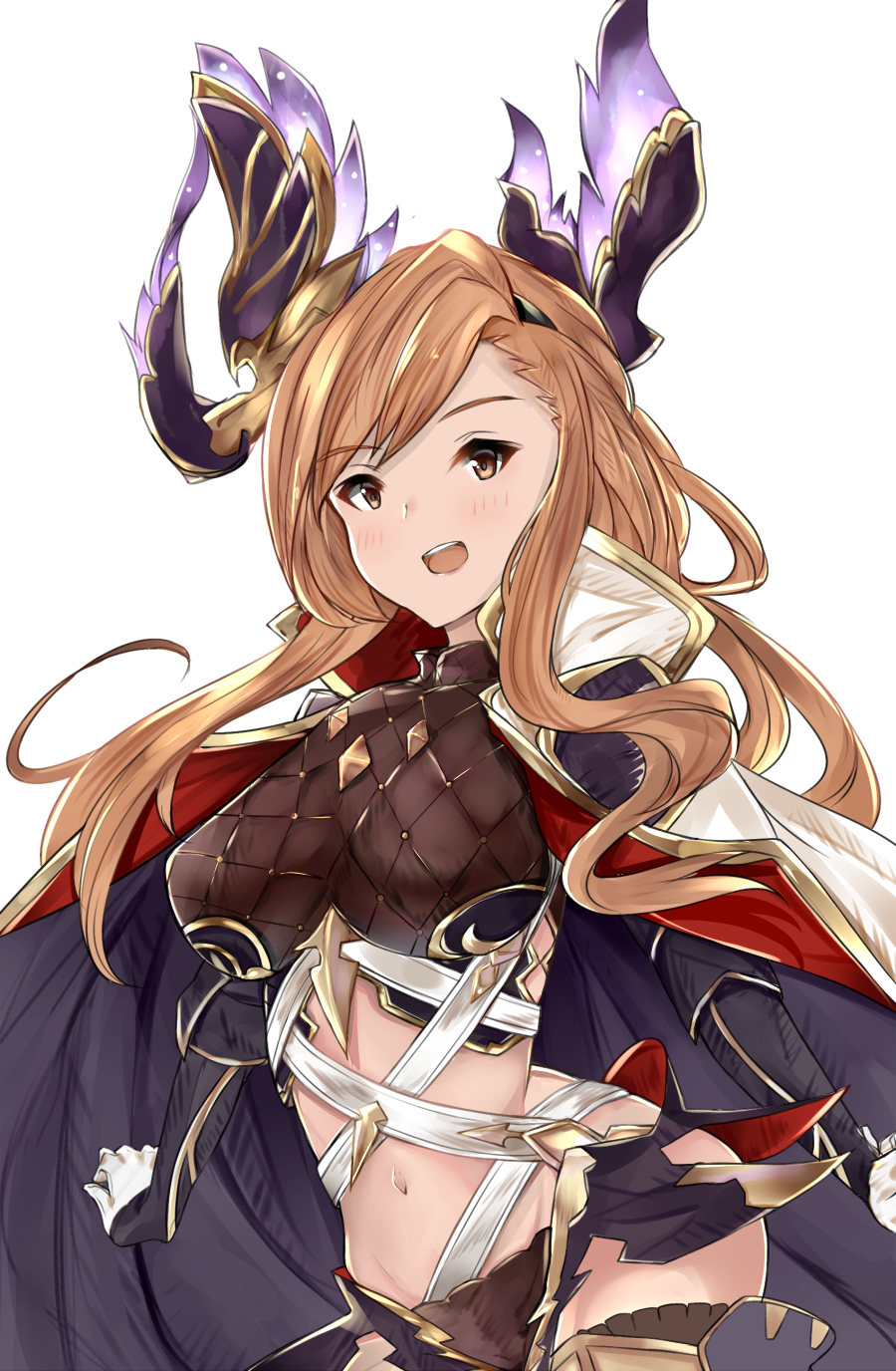 1girl bangs belt blush breastplate breasts brown_eyes brown_hair cape gloves granblue_fantasy hair_ornament hairband head_wings highres hips large_breasts long_hair looking_at_viewer navel nemun_(tamizzz) open_mouth sidelocks simple_background smile solo song_(granblue_fantasy) waist white_background white_cape white_gloves