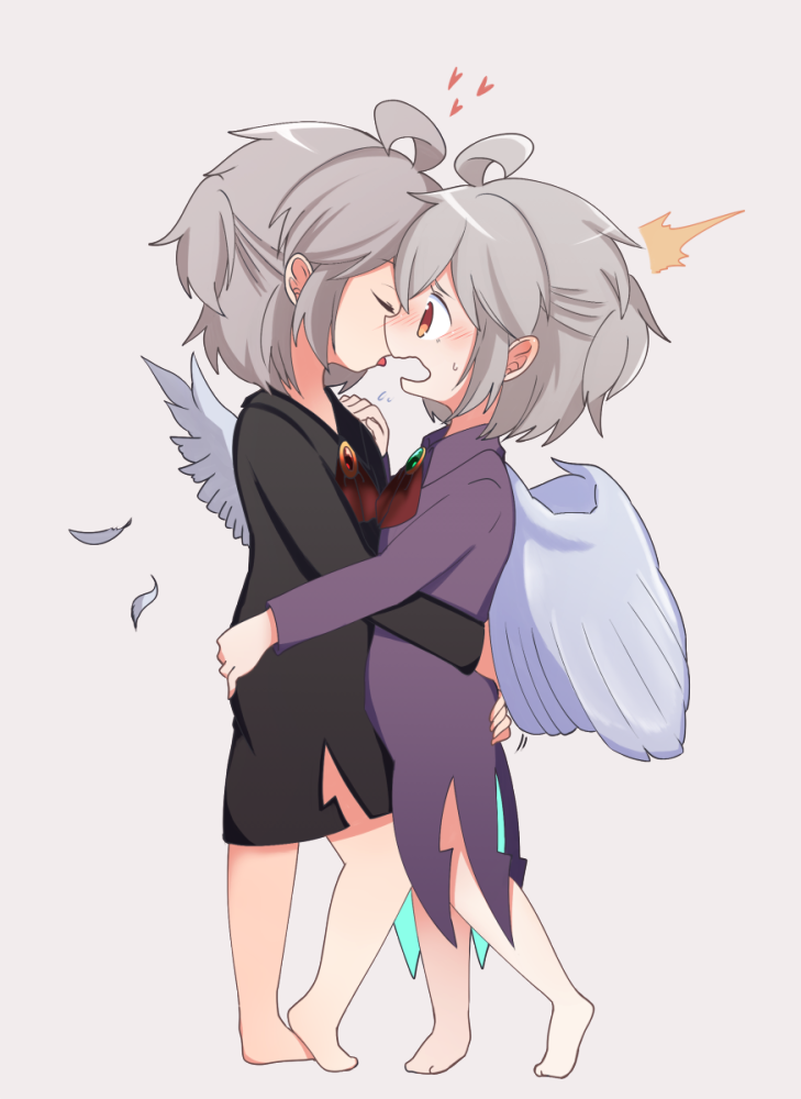 2girls ahoge bare_shoulders barefoot brooch buna_shimeji_(keymush) closed_eyes commentary feathered_wings from_side grey_hair grey_wings hand_on_another's_ass heart jewelry kishin_sagume long_sleeves looking_at_another medium_hair multiple_girls one_eye_closed open_mouth red_eyes selfcest single_wing sweatdrop tearing_up tongue tongue_out touhou white_wings wings yuri