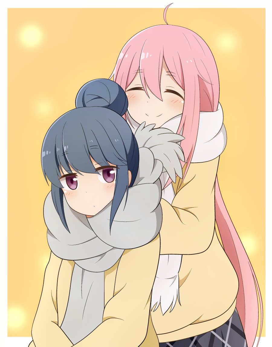 2girls ahoge blue_hair blush commentary_request grey_scarf hair_bun kagamihara_nadeshiko long_hair multiple_girls nuts_tuna orange_background pink_hair scarf shima_rin sidelocks simple_background smile sweater very_long_hair violet_eyes white_scarf yellow_sweater yurucamp