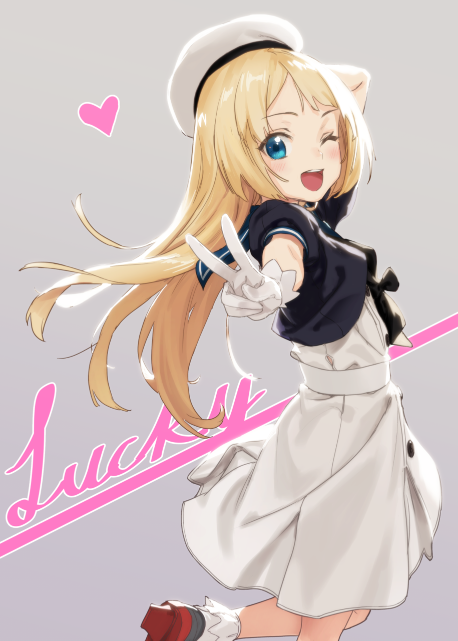 1girl blonde_hair blue_eyes blue_sailor_collar blush dress gloves hat heart highres jervis_(kantai_collection) kantai_collection kawakami_rokkaku long_hair looking_at_viewer mary_janes one_eye_closed open_mouth sailor_collar sailor_dress sailor_hat shoes short_sleeves smile solo standing standing_on_one_leg v white_dress white_gloves white_hat