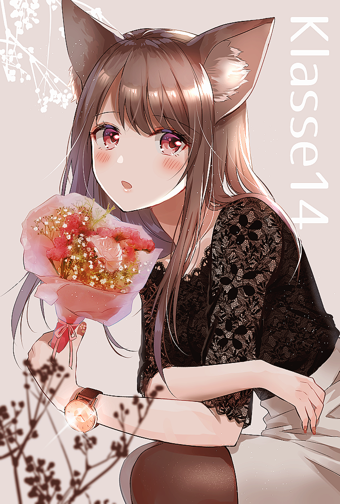 1girl animal_ears bangs black_shirt blush bouquet brown_background brown_hair brown_legwear commentary_request eyebrows_visible_through_hair flower fox_ears grey_skirt holding holding_bouquet leaning_forward long_hair looking_at_viewer myusha original pantyhose parted_lips pink_flower red_eyes red_flower shirt short_sleeves sitting skirt solo watch watch