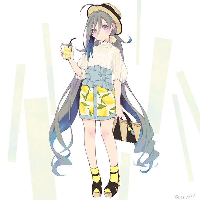 1girl ahoge alternate_costume bag blouse colis drink drinking_straw full_body grey_hair hair_between_eyes hat kantai_collection kiyoshimo_(kantai_collection) lemon_print lemonade long_hair miniskirt open_toe_shoes skirt socks solo tumbler twintails twitter_username very_long_hair white_blouse yellow_legwear