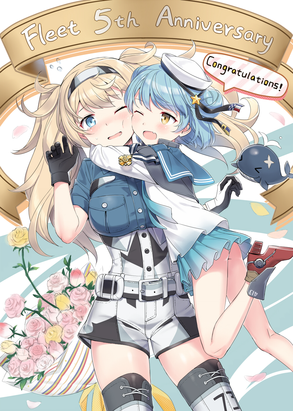 2girls animal aqua_skirt ass belt belt_buckle blonde_hair blue_eyes blue_hair blue_shirt blush breast_pocket buckle buttons cnm dixie_cup_hat double_bun english fang flower gambier_bay_(kantai_collection) gloves hat highres kantai_collection long_hair long_sleeves military_hat miniskirt multicolored multicolored_clothes multicolored_gloves multiple_girls one_eye_closed open_mouth pink_flower pleated_skirt pocket samuel_b._roberts_(kantai_collection) school_uniform serafuku shirt short_hair shorts skirt smile twintails whale white_hat white_shorts yellow_eyes yellow_flower