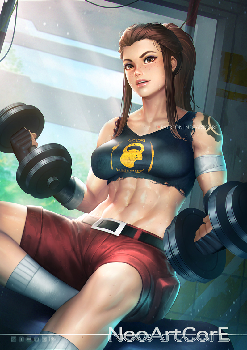 1girl abs arm_wrap belt brigitte_(overwatch) brown_eyes brown_hair collarbone crop_top dumbbell fingerless_gloves freckles gloves looking_at_viewer midriff navel nudtawut_thongmai overwatch ponytail short_shorts shorts shoulder_tattoo sitting smile socks solo sweat tattoo toned torn_clothes torn_sleeves weightlifting weights white_legwear