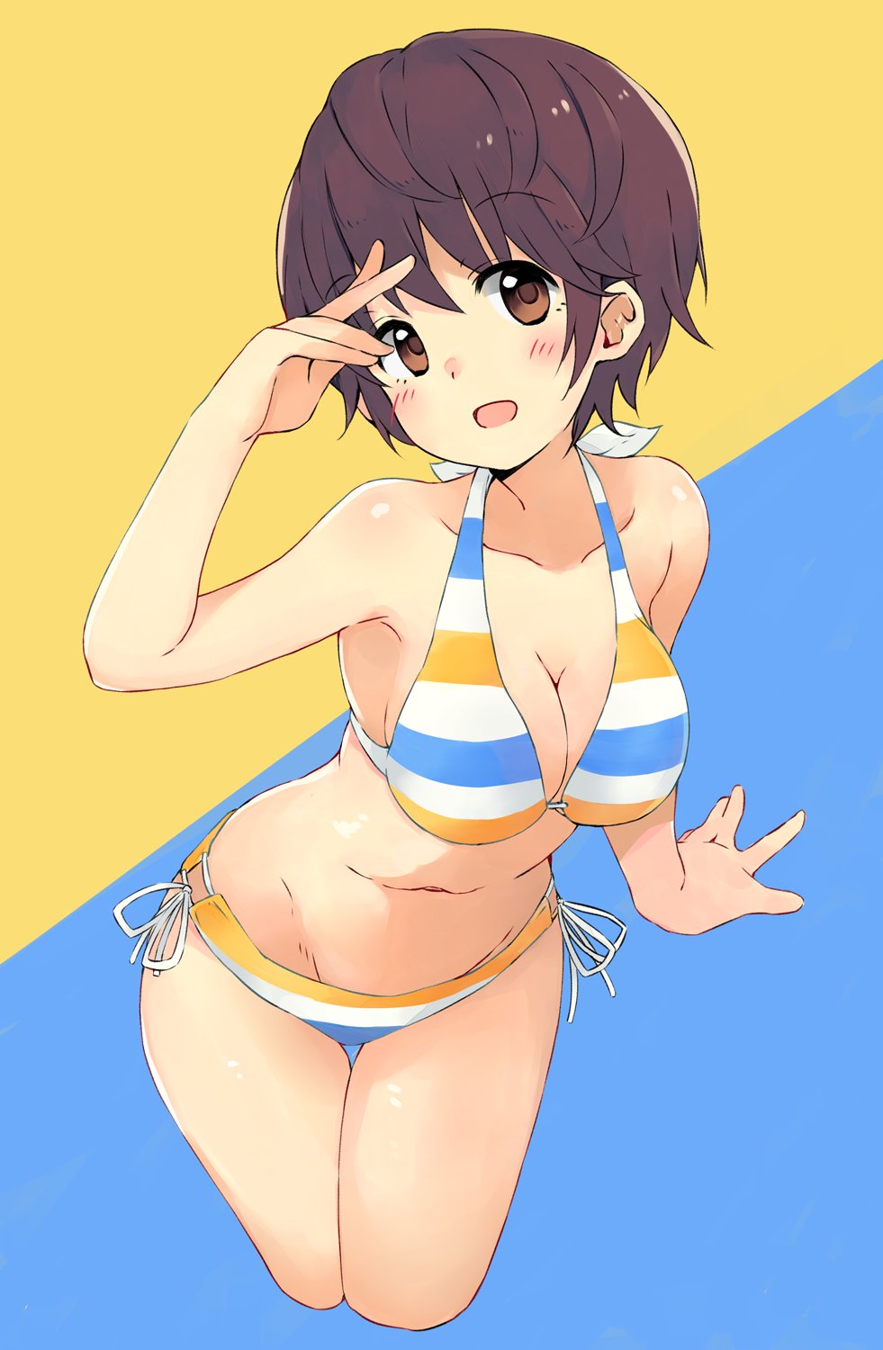 1girl arm_up bare_arms bare_legs bikini blue_background breasts brown_eyes brown_hair cleavage commentary eyebrows_visible_through_hair halter_top halterneck hand_to_head highres idolmaster idolmaster_cinderella_girls kirarin369 looking_at_viewer medium_breasts navel oikawa_shizuku open_mouth short_hair side-tie_bikini simple_background solo striped striped_bikini swimsuit yellow_background