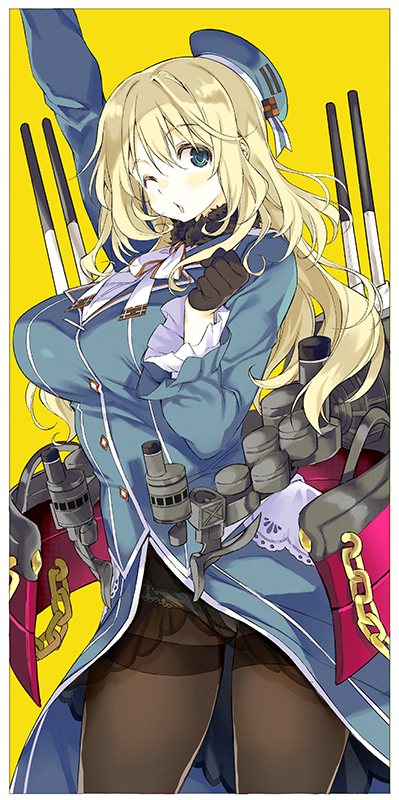 1girl atago_(kantai_collection) beret black_gloves blonde_hair blue_hat breasts chains chestnut_mouth cowboy_shot gloves green_eyes hat kantai_collection large_breasts long_hair machinery military military_uniform one_eye_closed pan-pa-ka-paaan! panties panties_under_pantyhose pantyhose shimeji_(4_me_ji) simple_background solo standing thighband_pantyhose underwear uniform white_panties yellow_background