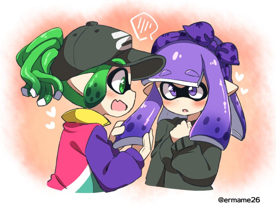 2girls :d bandanna bangs baseball_cap black_hat black_shirt blunt_bangs blush breasts eromame eyebrows eyebrows_visible_through_hair fang green_eyes green_hair hand_up hat heart holding holding_hair inkling long_hair long_sleeves looking_at_another medium_breasts multiple_girls open_mouth pointy_ears purple_hair shirt short_hair sideways_mouth smile splatoon splatoon_2 spoken_blush tentacle_hair twitter_username violet_eyes