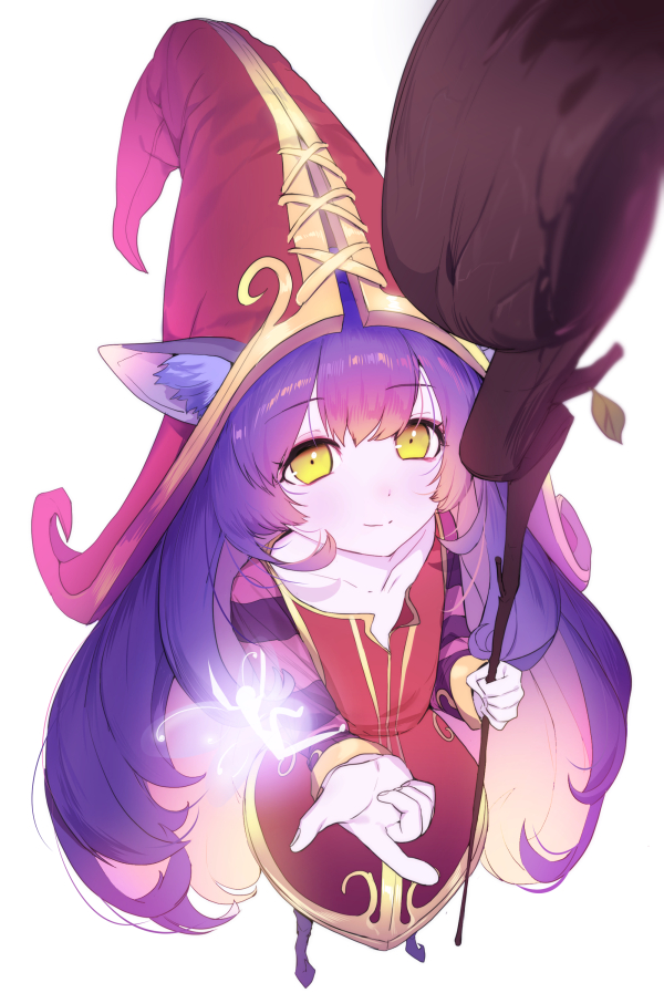 1girl animal_ears dress eyebrows_visible_through_hair full_body half-closed_eyes hat league_of_legends long_hair long_sleeves looking_at_viewer lulu_(league_of_legends) purple_hair simple_background smile solo staff standing very_long_hair white_background witch_hat yellow_eyes yordle