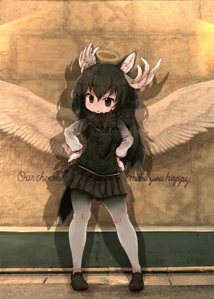 1girl angel_wings animal_ears antlers brown_hair commentary_request eyebrows_visible_through_hair full_body halo hands_on_hips kemono_friends kolshica long_hair long_sleeves moose_(kemono_friends) moose_ears moose_tail pantyhose pleated_skirt scarf shadow skirt solo sweater tail vest wings