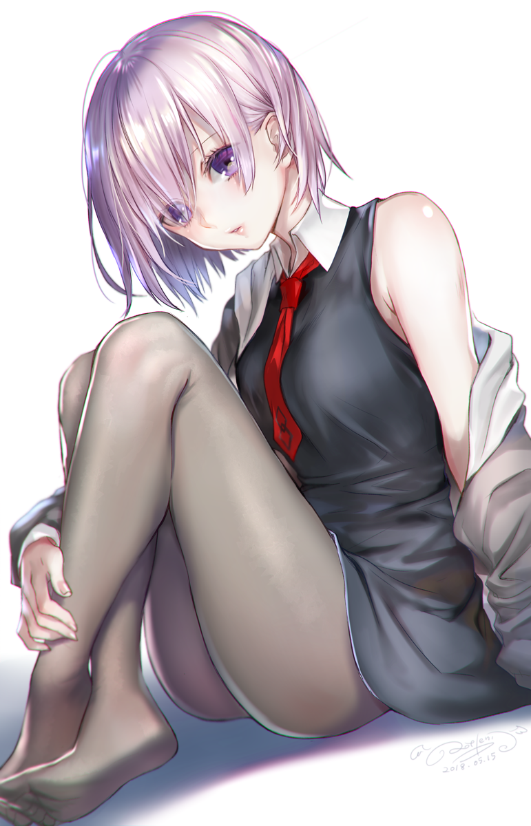 1girl ao+beni arm_at_side ass black_dress breasts crossed_ankles dress dutch_angle eyes_visible_through_hair fate/grand_order fate_(series) grey_legwear highres hood hoodie lips looking_at_viewer mash_kyrielight medium_breasts necktie off_shoulder pantyhose parted_lips pink_hair short_dress short_hair sitting solo violet_eyes