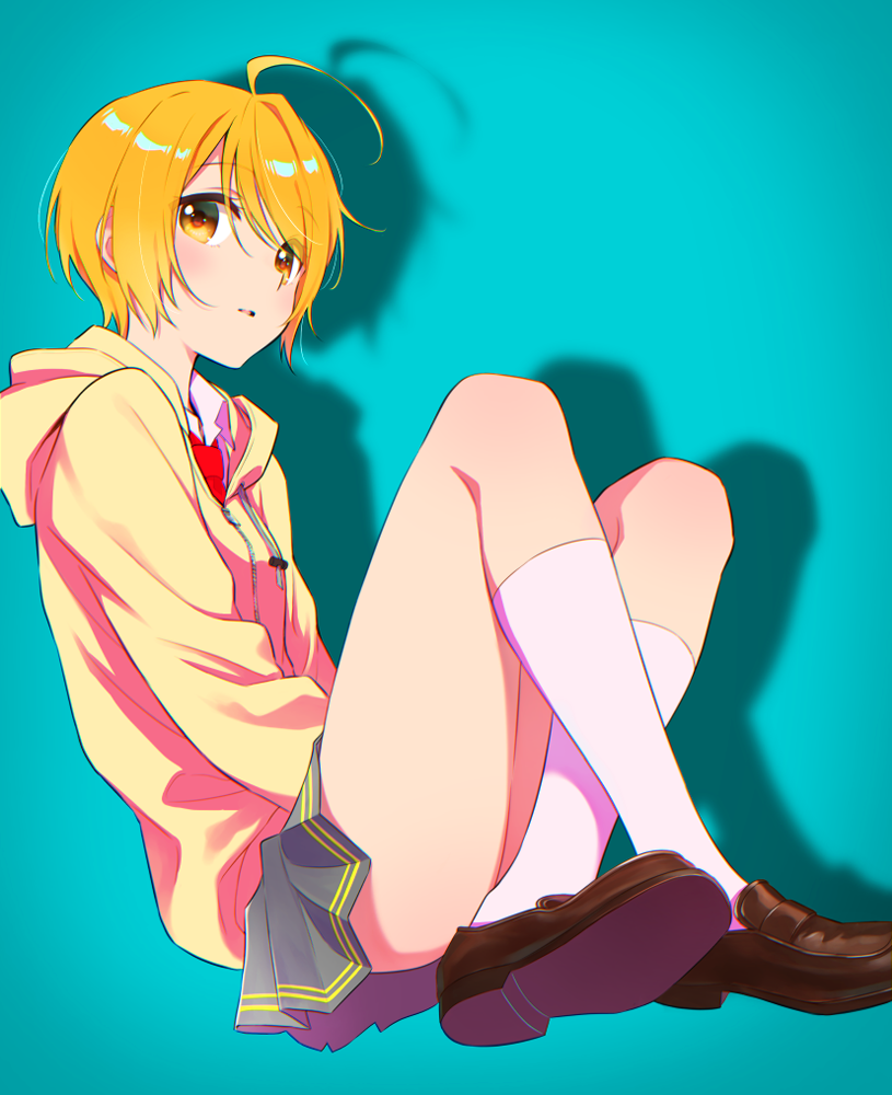 1girl ahoge blonde_hair blue_background commentary gobou_1000 hood hoodie hugtto!_precure kagayaki_homare l'avenir_academy_uniform loafers looking_at_viewer miniskirt necktie open_mouth precure school_uniform shadow shoes short_hair skirt socks solo thighs yellow_eyes yellow_hoodie