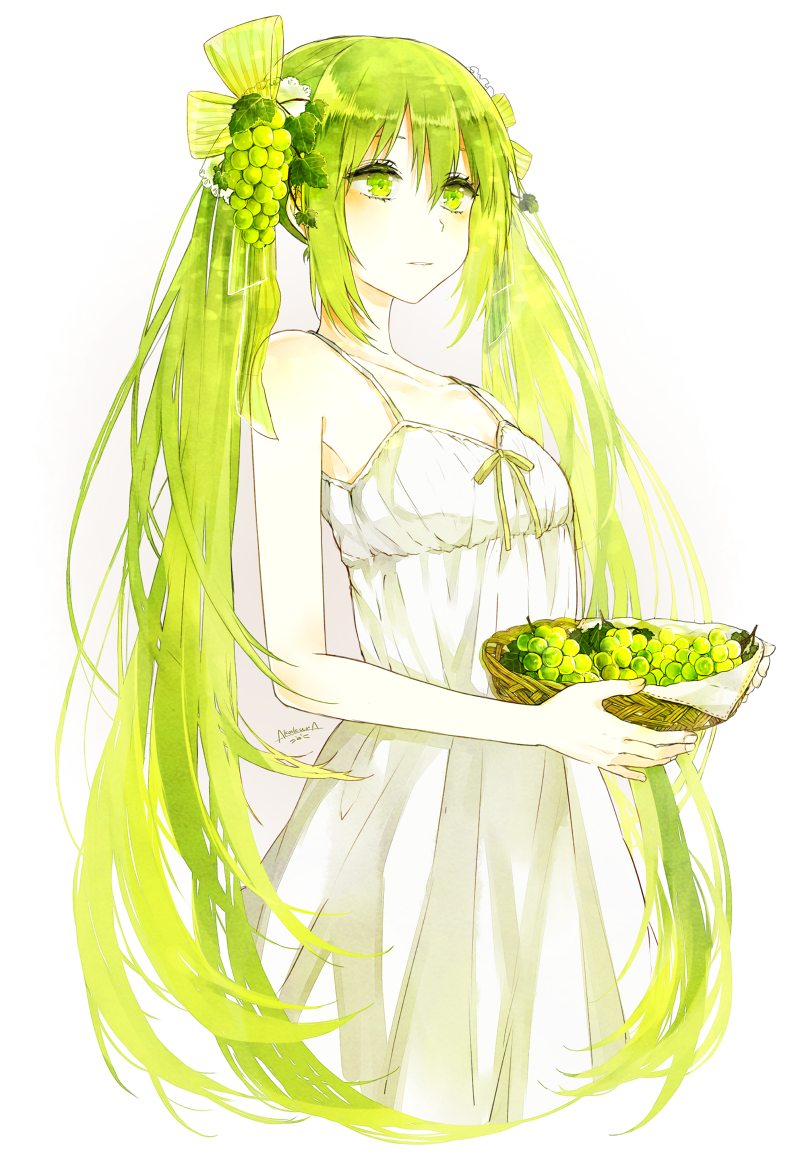 1girl :| akakura alternate_costume alternate_eye_color alternate_hair_color artist_logo artist_name bangs bare_shoulders basket closed_mouth dress food fruit fruit_basket grapes green_eyes green_hair green_ribbon hair_between_eyes hair_ribbon hatsune_miku holding holding_basket leaf long_hair ribbon shiny shiny_hair sidelocks signature simple_background sleeveless sleeveless_dress solo standing sundress twintails very_long_hair vocaloid white_background white_dress