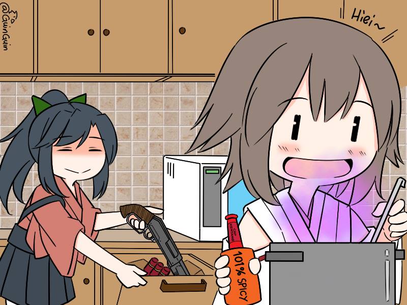 2girls colored commentary cooking cupboard guin_guin gun hiei_(kantai_collection) hot_sauce houshou_(kantai_collection) kantai_collection microwave multiple_girls nontraditional_miko ponytail pot purple shotgun shotgun_shells smile twitter_username weapon