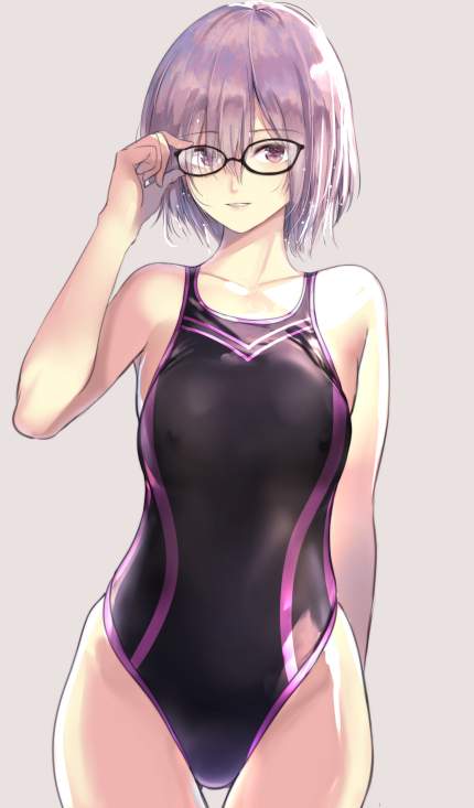 1girl adjusting_eyewear black-framed_eyewear breasts cafe_au_lait_(kafeore) competition_swimsuit cowboy_shot eyebrows_visible_through_hair eyes_visible_through_hair fate/grand_order fate_(series) glasses hair_over_one_eye looking_at_viewer mash_kyrielight medium_breasts one-piece_swimsuit parted_lips purple_hair short_hair simple_background sketch smile solo swimsuit violet_eyes