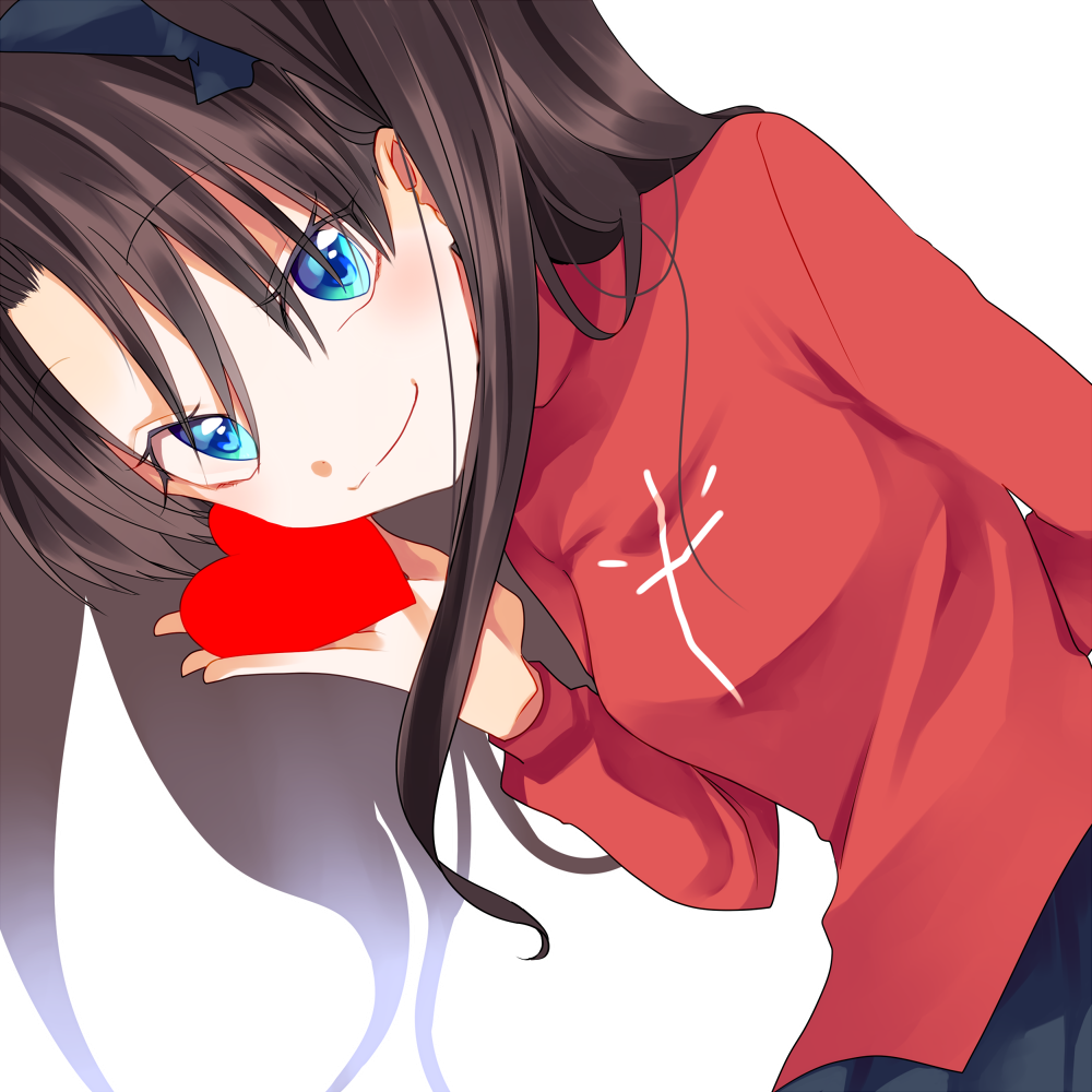 black_skirt blue_eyes brown_hair fate/stay_night fate_(series) hair_ribbon heart holding_heart kino_hazuki long_hair looking_at_viewer pleated_skirt ribbon skirt smile sweater tohsaka_rin two_side_up white_background