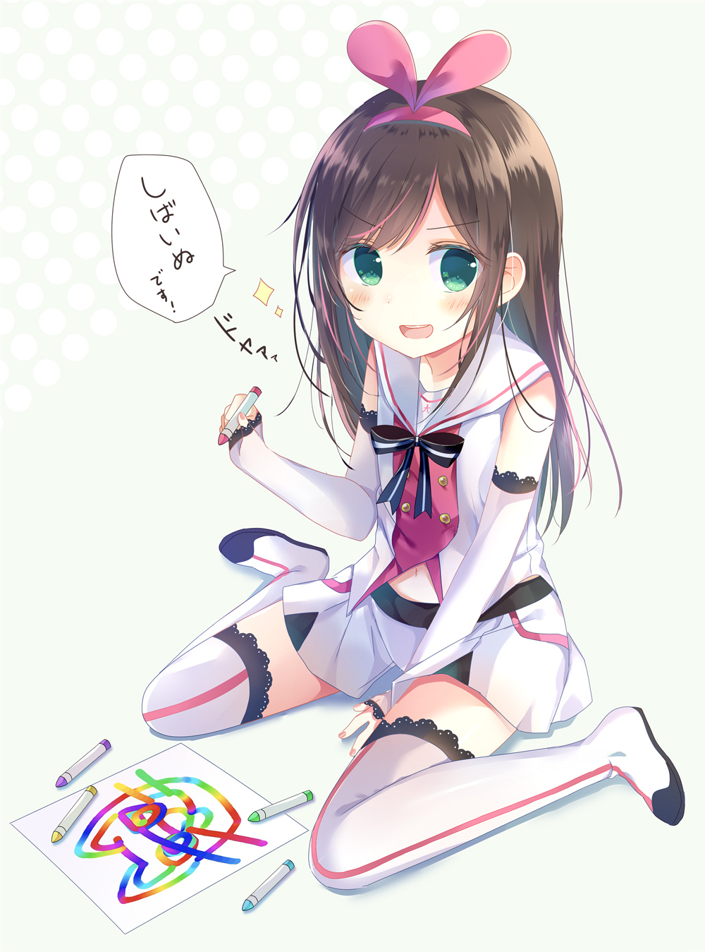 1girl :d a.i._channel between_legs blush boots brown_hair commentary_request crayon detached_sleeves fingernails green_eyes grey_background hair_ribbon hairband hand_between_legs highres holding kizuna_ai long_hair long_sleeves looking_at_viewer multicolored_hair nail_polish navel open_mouth pink_hair pink_hairband pink_nails pink_ribbon polka_dot polka_dot_background ribbon shiiba_nae shirt short_shorts shorts sitting sleeveless sleeveless_shirt sleeves_past_wrists smile solo sparkle streaked_hair thigh-highs thigh_boots translated upper_teeth v-shaped_eyebrows very_long_hair virtual_youtuber wariza white_footwear white_legwear white_shirt white_shorts