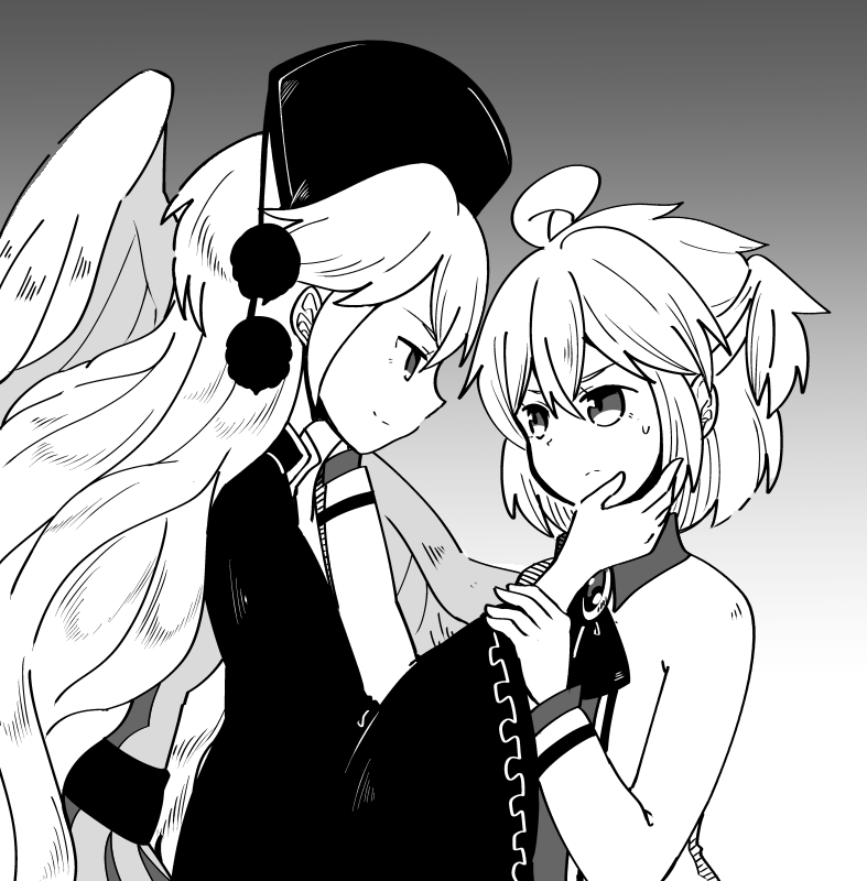 2girls ahoge brooch buna_shimeji_(keymush) feathered_wings greyscale hand_on_another's_cheek hand_on_another's_face hat jewelry junko_(touhou) kishin_sagume long_hair long_sleeves looking_at_another monochrome multiple_girls pom_pom_(clothes) short_hair single_wing sweatdrop touhou upper_body wide_sleeves wings yuri