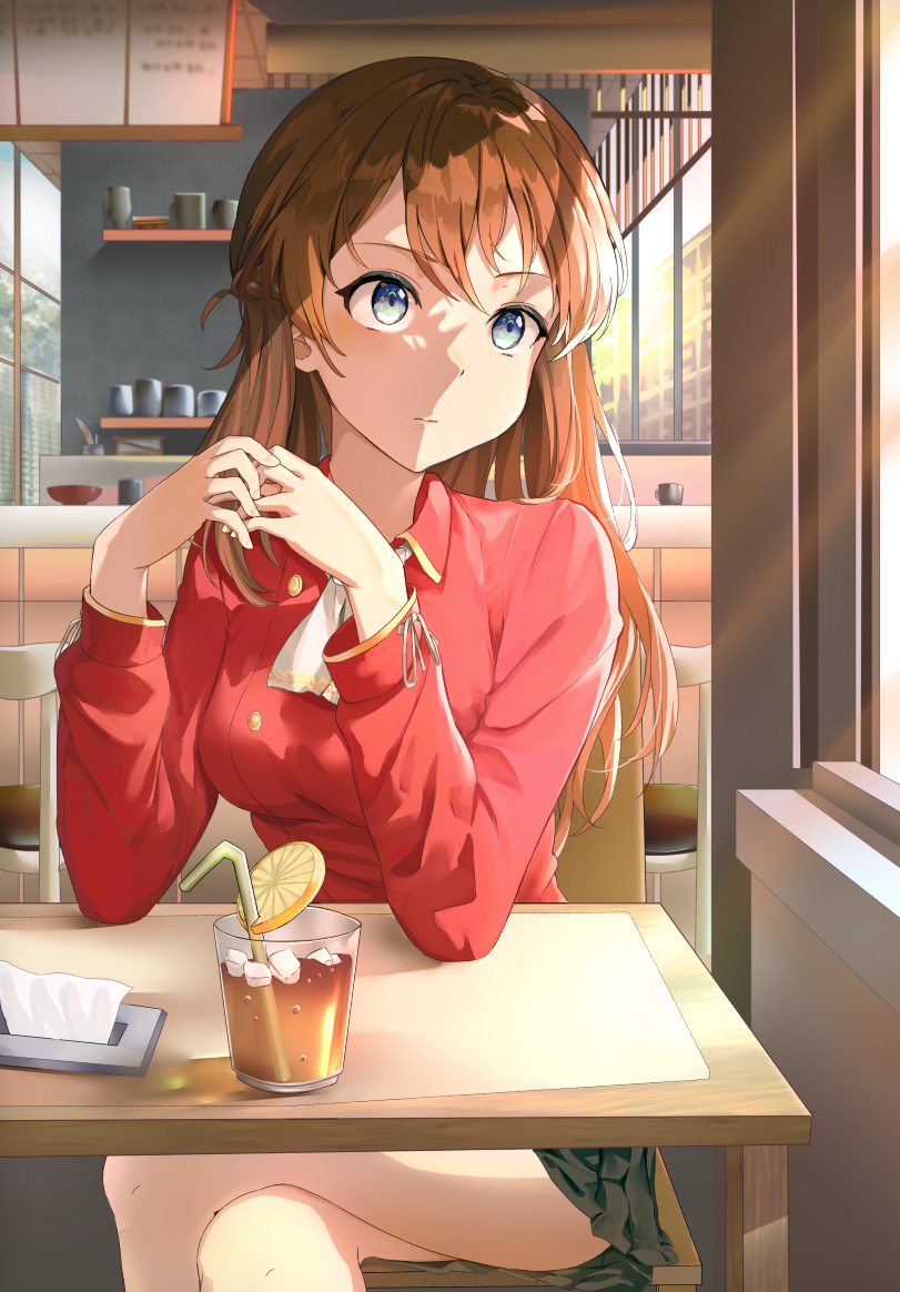1girl ascot bangs bendy_straw black_skirt blue_eyes brown_hair closed_mouth collared_shirt commentary_request cup drink drinking_glass drinking_straw eyebrows_visible_through_hair hands_up ice ice_cube indoors long_hair long_sleeves looking_away looking_to_the_side mosta_(lo1777789) original own_hands_together pleated_skirt red_shirt shirt skirt solo tissue white_neckwear window