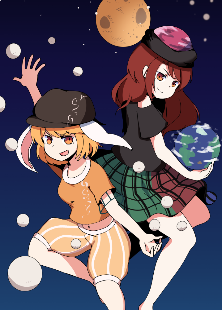 2girls animal_ears bare_shoulders blonde_hair brown_hat buna_shimeji_(keymush) dango earth_(ornament) floppy_ears food hat hecatia_lapislazuli long_hair looking_at_viewer midriff moon_(ornament) multicolored multicolored_clothes multicolored_skirt multiple_girls navel off-shoulder_shirt open_mouth orange_eyes orange_shirt plaid polos_crown rabbit_ears redhead ringo_(touhou) shirt short_hair short_sleeves shorts skirt smile touhou wagashi