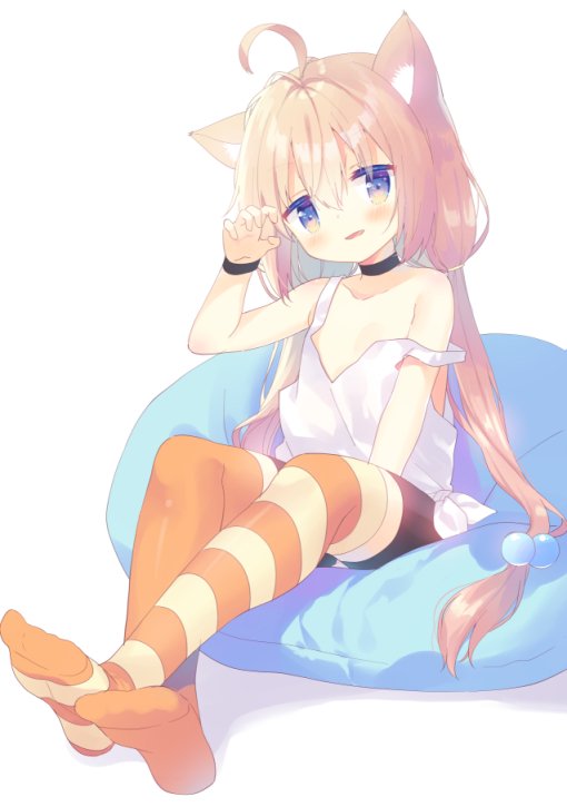 1girl ahoge animal_ears arm_up bike_shorts blue_eyes cat_ears choker flat_chest hair_bobbles hair_ornament hinata_channel legs_crossed long_hair low_twintails mismatched_legwear nekomiya_hinata orange_legwear pillow pink_hair shorts sitting smile solo strap_slip striped striped_legwear thigh-highs twintails vest virtual_youtuber white_vest wristband yuizaki_kazuya