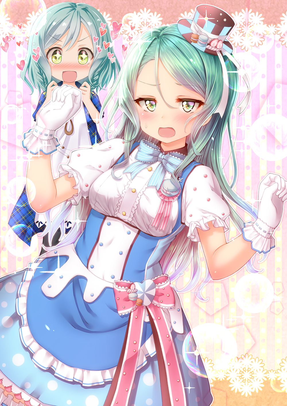 +_+ 2girls :d aqua_hair bang_dream! blue_neckwear blush bow bowtie bubble_background center_frills commentary_request double-breasted dress eyebrows_visible_through_hair food frilled_gloves frills gloves green_eyes hands_up hat hat_ornament hat_ribbon heart highres hikawa_hina hikawa_sayo long_hair looking_at_viewer macaron medium_hair multiple_girls nose_blush open_mouth ribbon ribbon-trimmed_gloves ribbon_trim roron_(r0r0r0r0_n) siblings side_braids sisters smile sparkle striped striped_background top_hat twins vertical-striped_background vertical_stripes white_gloves white_ribbon
