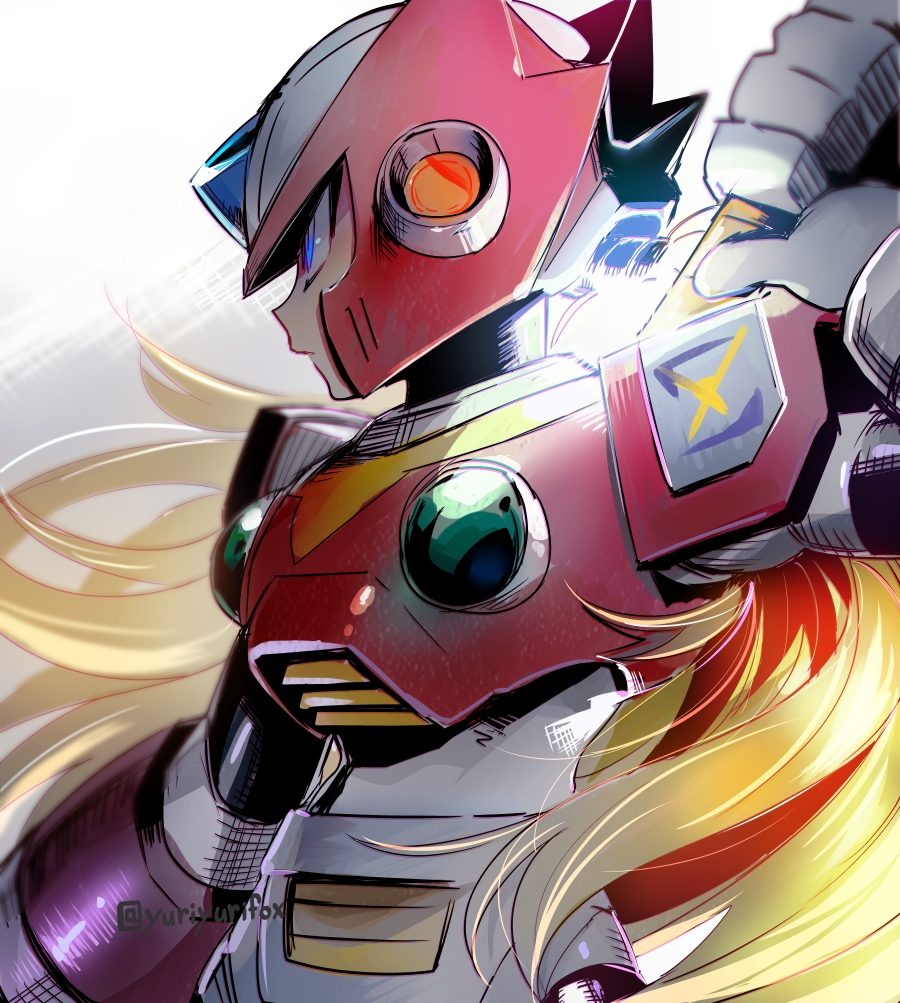 android blonde_hair blue_eyes capcom gloves helmet holding long_hair looking_to_the_side male_focus rockman rockman_x serious solo upper_body white_gloves yuriyuri_(ccc) zero_(rockman)