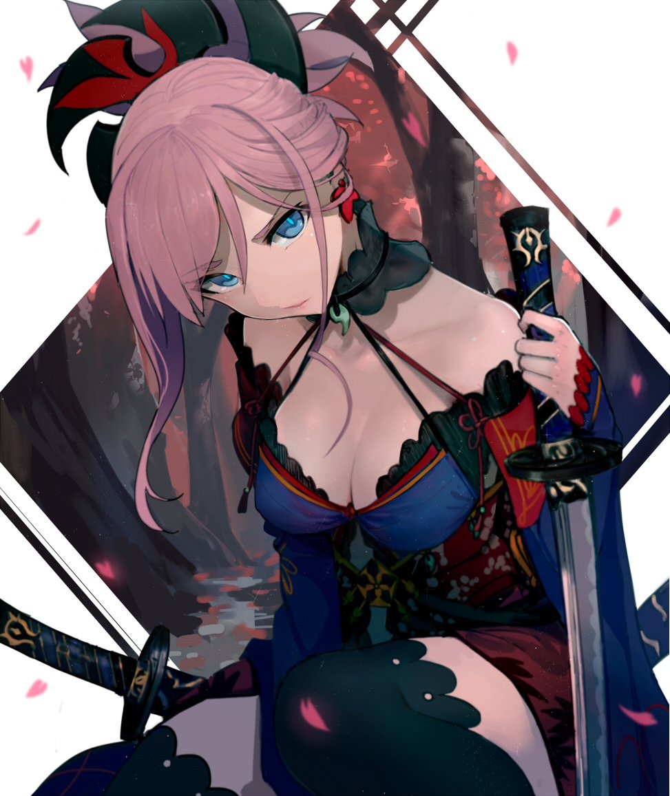 1girl bare_shoulders blue_eyes breasts bridal_gauntlets cleavage collar commentary_request fate/grand_order fate_(series) hair_between_eyes holding holding_sword holding_weapon japanese_clothes kimono long_hair looking_at_viewer magatama medium_breasts miyamoto_musashi_(fate/grand_order) petals pink_hair ponytail shadow sketch sleeveless sleeveless_kimono solo sword thigh-highs tree upper_body walzrj weapon