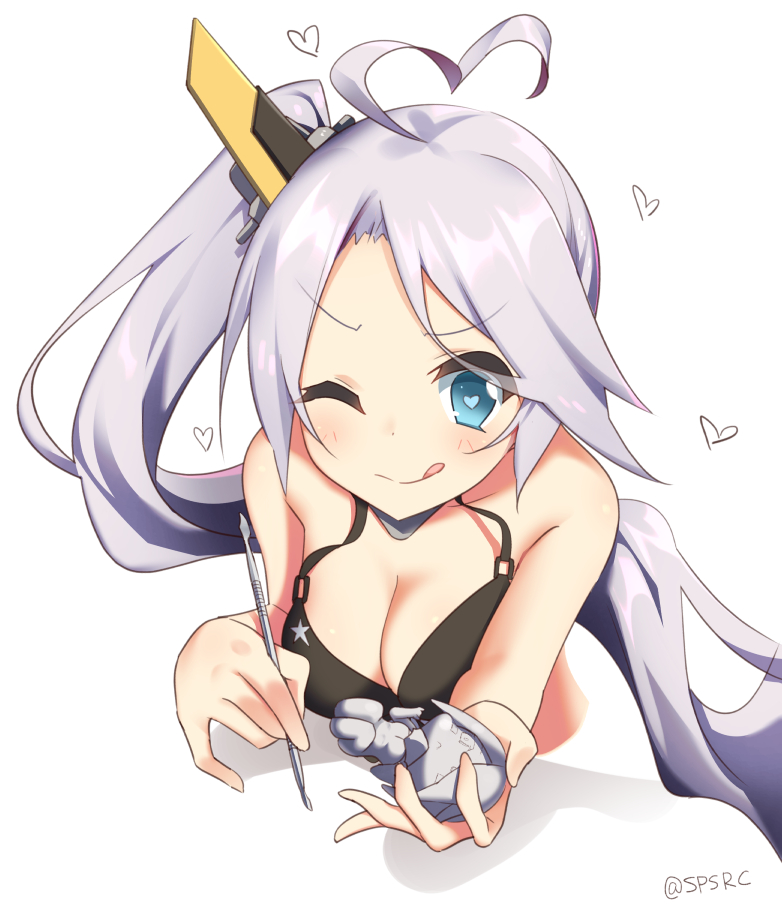 1girl :q ahoge azur_lane bare_shoulders black_bra blue_eyes blush bra breasts cleavage grey_hair headgear heart heart-shaped_pupils heart_ahoge holding long_hair looking_at_viewer medium_breasts one_eye_closed portland_(azur_lane) side_ponytail simple_background smile solo symbol-shaped_pupils takashiru tongue tongue_out twitter_username underwear very_long_hair white_background