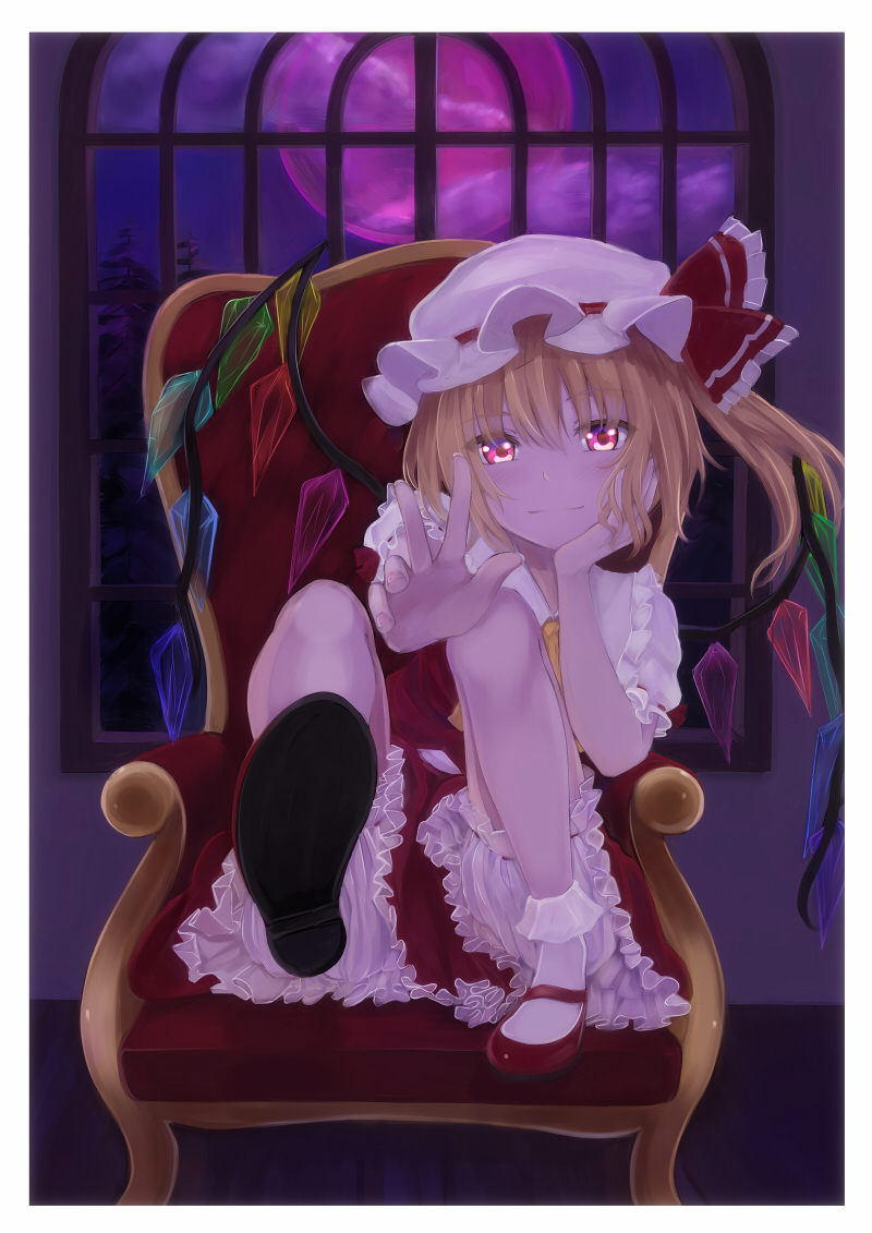 1girl 96tuki bangs blonde_hair bloomers bobby_socks chair clouds cravat elbow_rest expressionless eyebrows_visible_through_hair fingernails flandre_scarlet foreshortening full_moon hair_between_eyes hat hat_ribbon head_in_hand indoors leaning_to_the_side leg_lift looking_at_viewer mary_janes mob_cap moon night outstretched_hand petticoat puffy_short_sleeves puffy_sleeves red_eyes red_footwear red_moon red_skirt red_vest ribbon shoes short_hair short_sleeves side_ponytail sitting skirt socks solo touhou underwear vest w white_legwear window wings yellow_neckwear