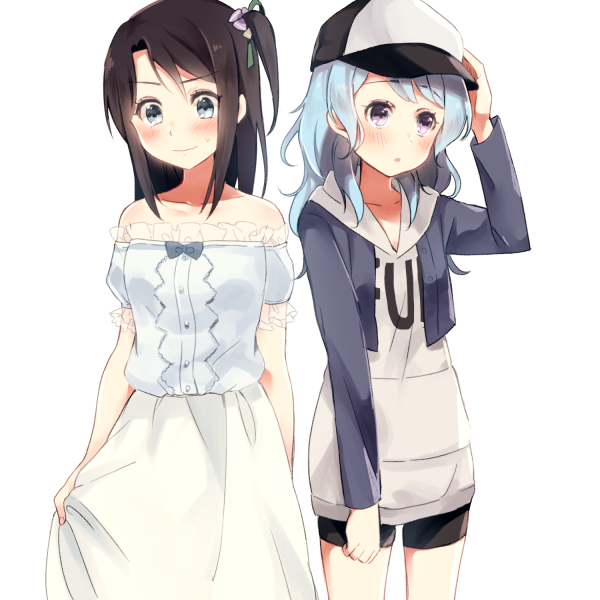 2girls :o alternate_hairstyle bang_dream! bangs bare_shoulders baseball_cap black_hair black_shorts blue_eyes blue_hair blue_jacket blush clenched_hand collarbone cosplay costume_switch cowboy_shot cropped_jacket eyebrows_visible_through_hair frilled_shirt frilled_sleeves frills grey_hoodie hair_ribbon hairstyle_switch hand_on_headwear hat hood hood_down jacket long_hair long_sleeves matsubara_kanon matsubara_kanon_(cosplay) multiple_girls okusawa_misaki okusawa_misaki_(cosplay) one_side_up ribbon shirt short_shorts short_sleeves shorts simple_background skirt skirt_hold smile sweatdrop violet_eyes white_background white_skirt yae_(eky_567)