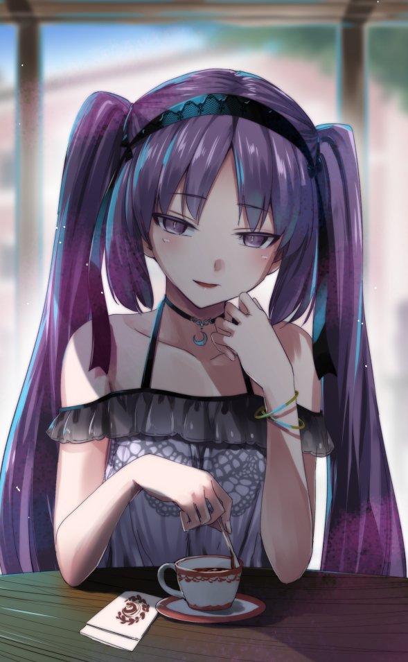 1girl alternate_costume bare_shoulders black_ribbon blush choker commentary_request contemporary cup dress elbows_on_table fate/grand_order fate/hollow_ataraxia fate_(series) hairband ifuji_shinsen looking_at_viewer napkin open_mouth plate purple_hair ribbon shadow sleeveless sleeveless_dress solo stheno tea teacup twintails violet_eyes