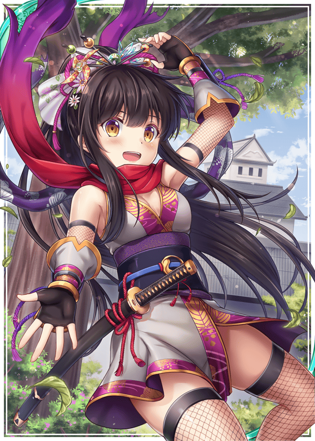 1girl akkijin black_hair breasts card_(medium) fishnets flower hair_flower hair_ornament japanese_clothes looking_at_viewer medium_breasts ninja official_art outdoors pagoda ponytail red_scarf scarf shinkai_no_valkyrie solo sword thigh-highs tree weapon yellow_eyes