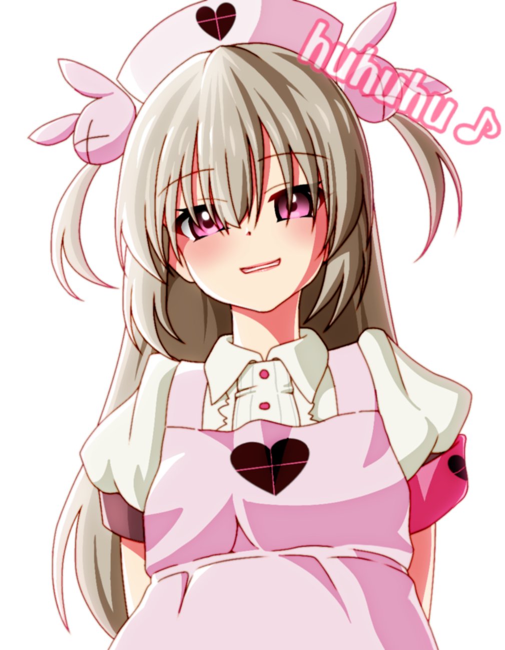 1girl apron armband bangs blush collared_shirt eyebrows_visible_through_hair hair_ornament hat heart highres light_brown_hair long_hair looking_at_viewer natori_sana nurse_cap open_mouth pink_apron pink_eyes pink_hat puffy_short_sleeves puffy_sleeves sana_channel senkan_eshi shirt short_sleeves solo virtual_youtuber