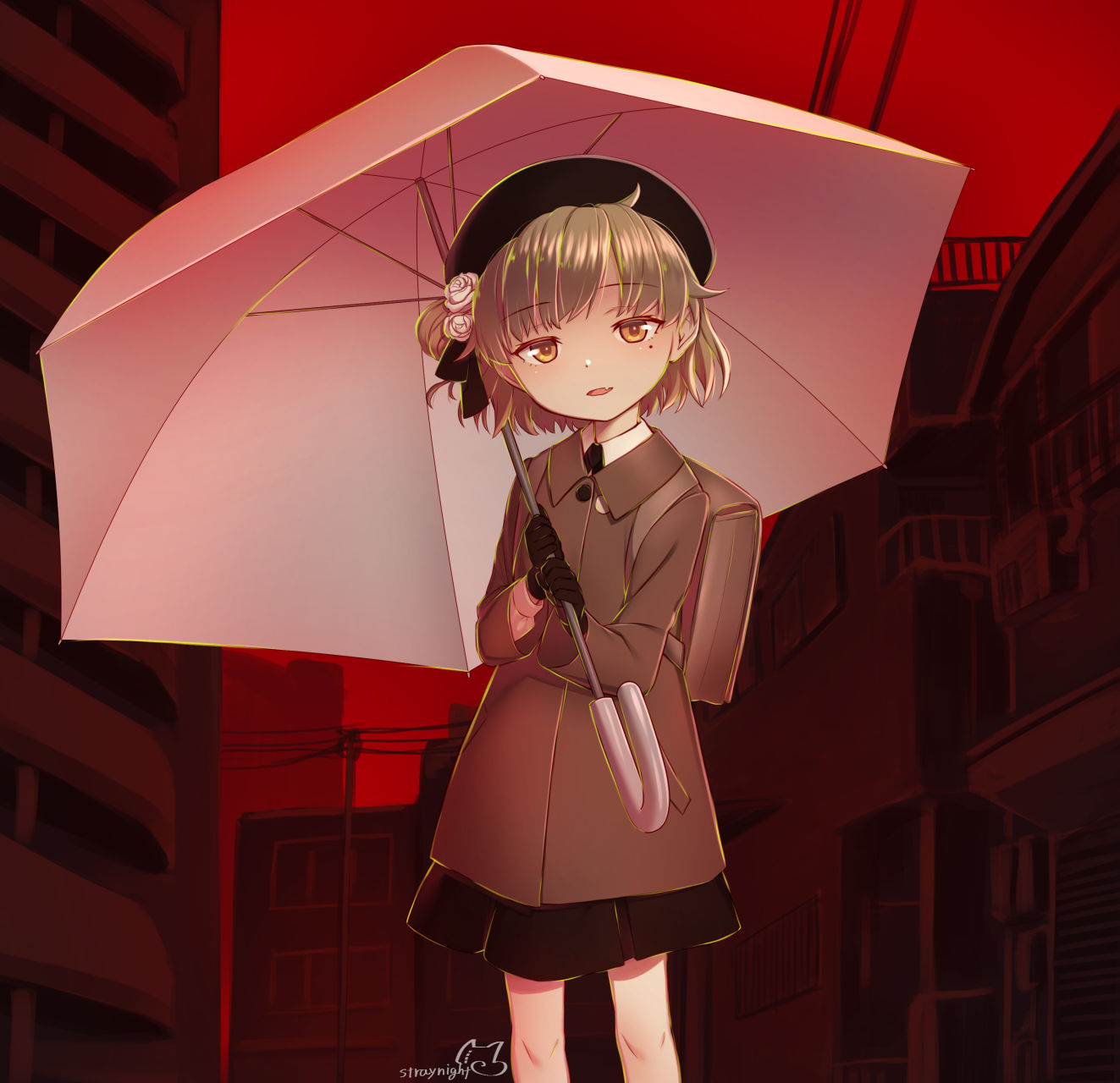 1girl bag bangs beret black_beret black_gloves black_hat black_neckwear black_ribbon black_skirt blush brown_eyes brown_hair collared_shirt flower gloves hair_flower hair_ornament hat hatoba_tsugu hatoba_tsugu_(character) highres holding holding_umbrella jacket long_sleeves looking_at_viewer mitake_eiru mole mole_under_eye neck_ribbon open_mouth ribbon shirt short_hair skirt solo standing textless umbrella virtual_youtuber white_flower white_shirt