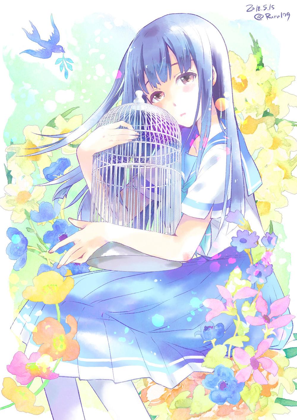 1girl aikawa_ruru animal bangs bird birdcage blue_flower blue_neckwear blue_sailor_collar blue_skirt blush brown_eyes cage commentary_request dated fingernails flower hibike!_euphonium highres liz_to_aoi_tori long_hair nail_polish neckerchief object_hug parted_lips pink_flower pink_nails pleated_skirt sailor_collar school_uniform serafuku shirt short_sleeves sitting skirt solo twitter_username very_long_hair white_shirt yellow_flower yoroizuka_mizore