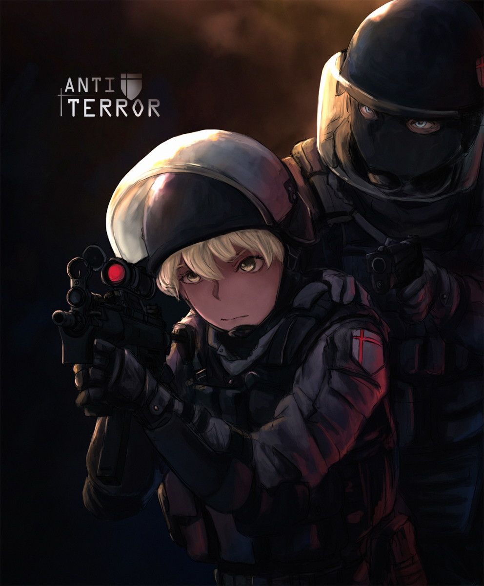 1girl 1other black_gloves blonde_hair blue_eyes body_armor chin_strap closed_mouth commentary dark english_text face_mask frown gloves grey_jacket gun h&amp;k_mp5k hand_on_another's_shoulder heckler_&amp;_koch helmet highres holding holding_gun holding_weapon jacket kneeling mask original scope serious ski_mask submachine_gun tactical_clothes therj weapon yellow_eyes