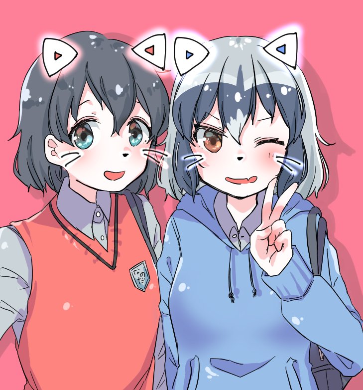 2girls alternate_costume animal_ears aotan_(aorin114) black_hair cat_ears collared_shirt commentary_request common_raccoon_(kemono_friends) eyebrows_visible_through_hair fang grey_hair hood hoodie kaban_(kemono_friends) kemono_friends multicolored_hair multiple_girls one_eye_closed shirt short_hair v vest whiskers