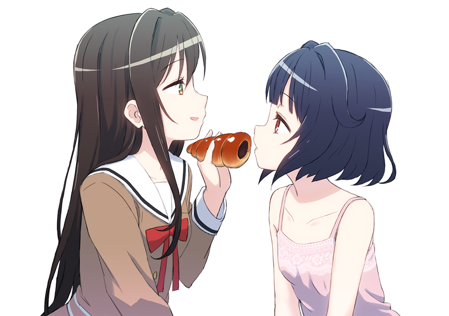 2girls bang_dream! bangs black_hair bow bowtie camisole chocolate_cornet collarbone commentary_request feeding food from_side green_eyes hanazono_tae holding holding_food long_hair long_sleeves looking_at_viewer multiple_girls open_mouth pink_camisole red_eyes red_neckwear saiko_dagashi school_uniform serafuku short_hair simple_background smile upper_body ushigome_rimi white_background yuri