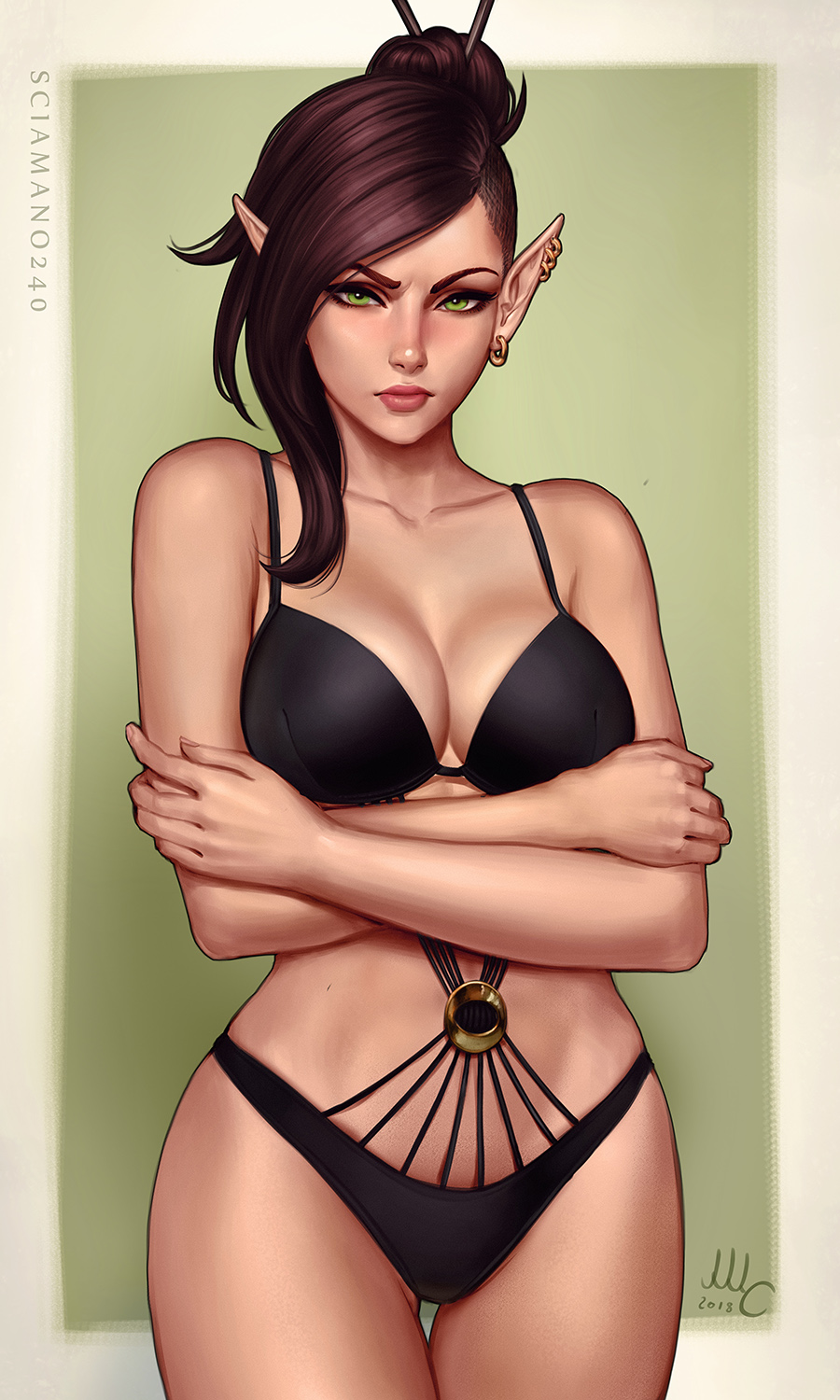 1girl bare_arms bare_shoulders bikini black_bikini blue_eyes blush breasts brown_hair closed_mouth commentary cowboy_shot dated deviantart_username ear_piercing earrings elf english_commentary fingernails hair_bun hair_ornament hairpin highres jewelry large_breasts legs_crossed looking_at_viewer original piercing pointy_ears sciamano240 signature solo swimsuit thigh_gap