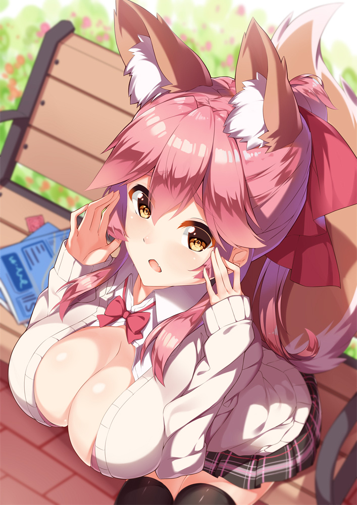 1girl animal_ears black_legwear blush breasts cleavage cleavage_cutout day extra_ears fang fate/grand_order fate_(series) fox_ears fox_tail large_breasts long_hair looking_up open_mouth outdoors pink_hair ponytail red_ribbon ribbon school_uniform solo tail tamamo_(fate)_(all) tamamo_no_mae_(fate) thighs yellow_eyes yuxian_youka