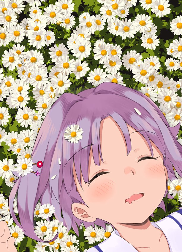 1girl bangs closed_eyes commentary daisy drooling eyebrows_visible_through_hair face flower flower_bed from_above hair_intakes hair_ornament hairpin idolmaster idolmaster_cinderella_girls kirarin369 koshimizu_sachiko lying on_back on_ground outdoors petals purple_hair short_hair sleeping solo