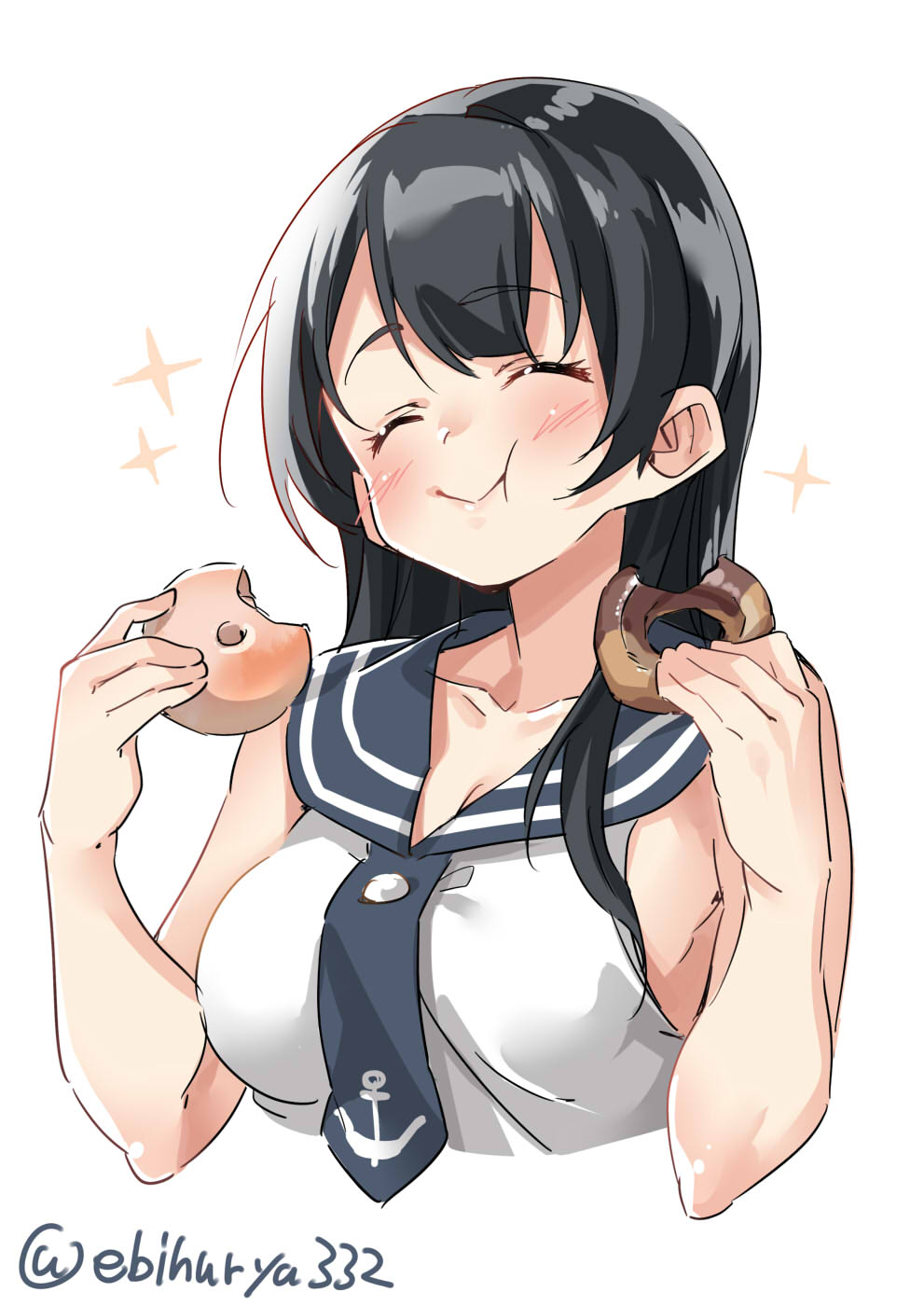 1girl agano_(kantai_collection) anchor_symbol black_hair black_neckwear black_sailor_collar closed_eyes doughnut eating ebifurya food highres kantai_collection long_hair necktie sailor_collar school_uniform serafuku simple_background solo twitter_username upper_body white_background