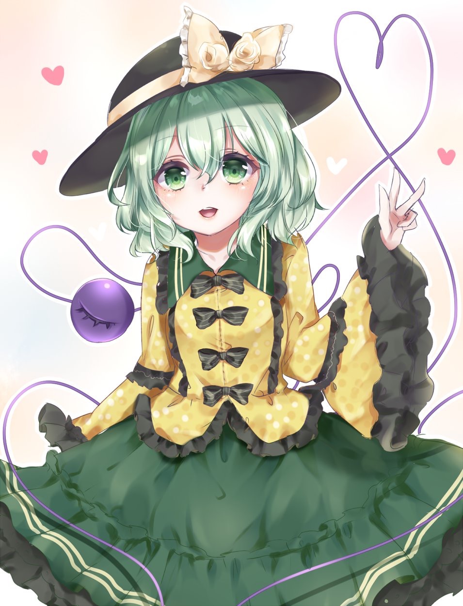 1girl aqua_hair bangs blouse bow commentary_request cowboy_shot eyebrows_visible_through_hair flower frilled_shirt frilled_skirt frilled_sleeves frills gradient gradient_background green_eyes green_skirt hair_between_eyes hat hat_flower hat_ribbon head_tilt heart heart_of_string highres komeiji_koishi long_sleeves looking_at_viewer open_mouth pink_background polka_dot_blouse ribbon shirt short_hair skirt solo third_eye touhou upper_teeth v wide_sleeves yellow_blouse yuria_(kittyluv)