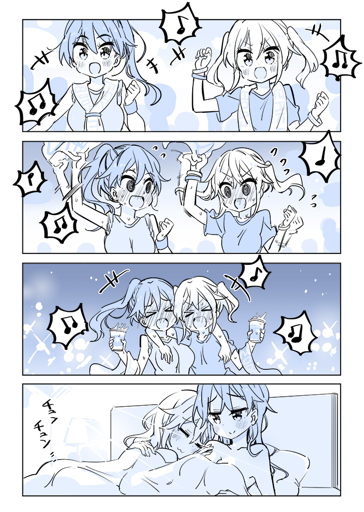 &gt;_&lt; 2girls 4koma :3 arm_around_shoulder beamed_eighth_notes blush closed_eyes comic commentary_request cup eighth_note flying_sweatdrops full-face_blush hair_down holding holding_cup looking_at_another multiple_girls musical_note original ponytail short_sleeves silent_comic sleeping sleeveless sodapop_(iemaki) spoken_musical_note sweat twintails upper_body wristband yuri