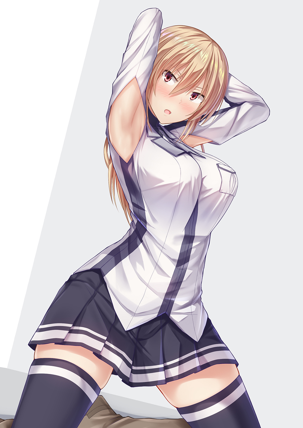 1girl armpits arms_behind_head arms_up asaba_kakeru blonde_hair highres looking_at_viewer open_mouth original pleated_skirt red_eyes skirt solo tagme thigh-highs