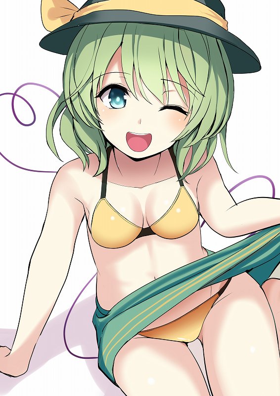 1girl amisu aqua_eyes bare_shoulders bikini black_hat bow breasts green_hair green_skirt hat hat_bow heart komeiji_koishi looking_at_viewer one_eye_closed open_mouth simple_background skirt small_breasts smile solo swimsuit touhou white_background yellow_bikini yellow_bow