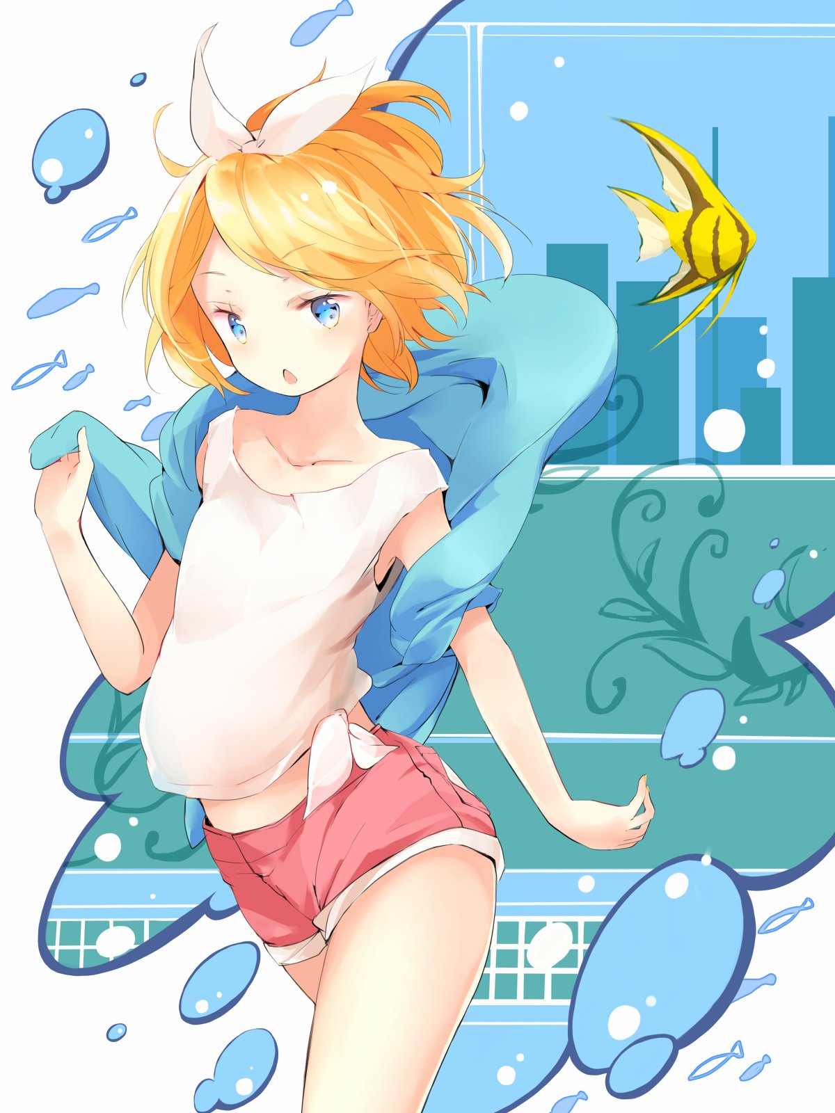 1girl :o arched_back bare_arms blonde_hair blue_eyes blue_hoodie bow bubble clothes_grab collarbone fish hair_bow highres kagamine_rin looking_at_viewer loose_clothes moorish_idol open_mouth oyamada_(pi0v0jg) pink_shorts shirt short_hair shorts tsurime vocaloid white_shirt