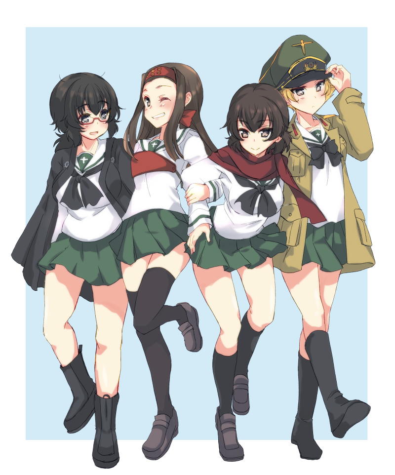 4girls abenattou adjusting_clothes adjusting_hat bangs black_eyes black_hair black_legwear black_neckwear blonde_hair blouse blue_background brown_eyes brown_footwear brown_hair caesar_(girls_und_panzer) closed_mouth commentary_request erwin_(girls_und_panzer) girls_und_panzer glasses goggles goggles_on_headwear green_hat green_skirt grin haori hat headband japanese_clothes kneehighs leg_up light_frown loafers locked_arms long_hair long_sleeves looking_at_another looking_at_viewer messy_hair military_hat miniskirt multiple_girls muneate neckerchief one_eye_closed ooarai_school_uniform oryou_(girls_und_panzer) outside_border peaked_cap pleated_skirt pointy_hair red-framed_eyewear red_headband red_scarf saemonza scarf school_uniform semi-rimless_eyewear serafuku shoes short_hair short_ponytail skirt smile standing standing_on_one_leg thigh-highs under-rim_eyewear walking white_blouse