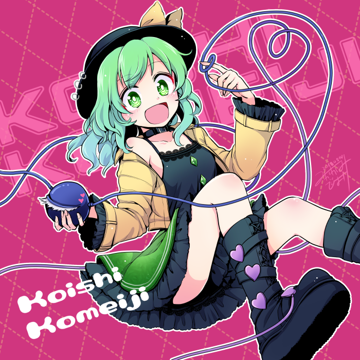 1girl :d adapted_costume aqua_hair black_footwear black_hat boots bow casual character_name choker collarbone commentary_request contemporary diamond_(shape) frilled_skirt frilled_sleeves frills gradient_hair green_eyes green_hair green_skirt hat hat_bow heart heart_of_string jacket koishi_day komeiji_koishi long_hair looking_at_viewer mikagami_hiyori multicolored_hair open_mouth pink_background skirt smile solo third_eye touhou yellow_bow yellow_jacket