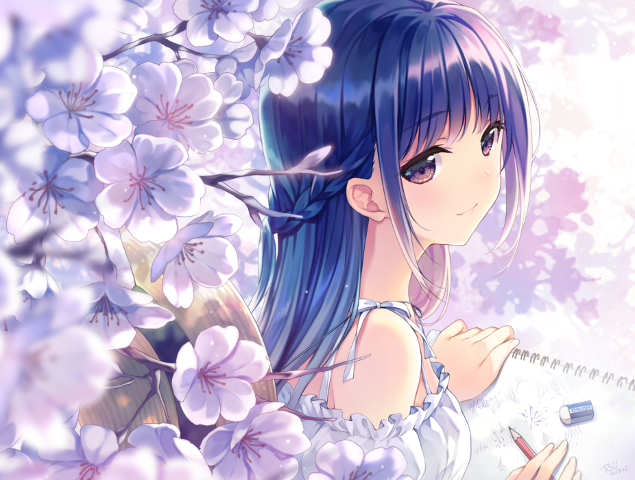 1girl blue_hair braid brown_eyes cherry_blossoms eraser flower hat long_hair looking_at_viewer notebook original outdoors pencil petals riv smile solo writing